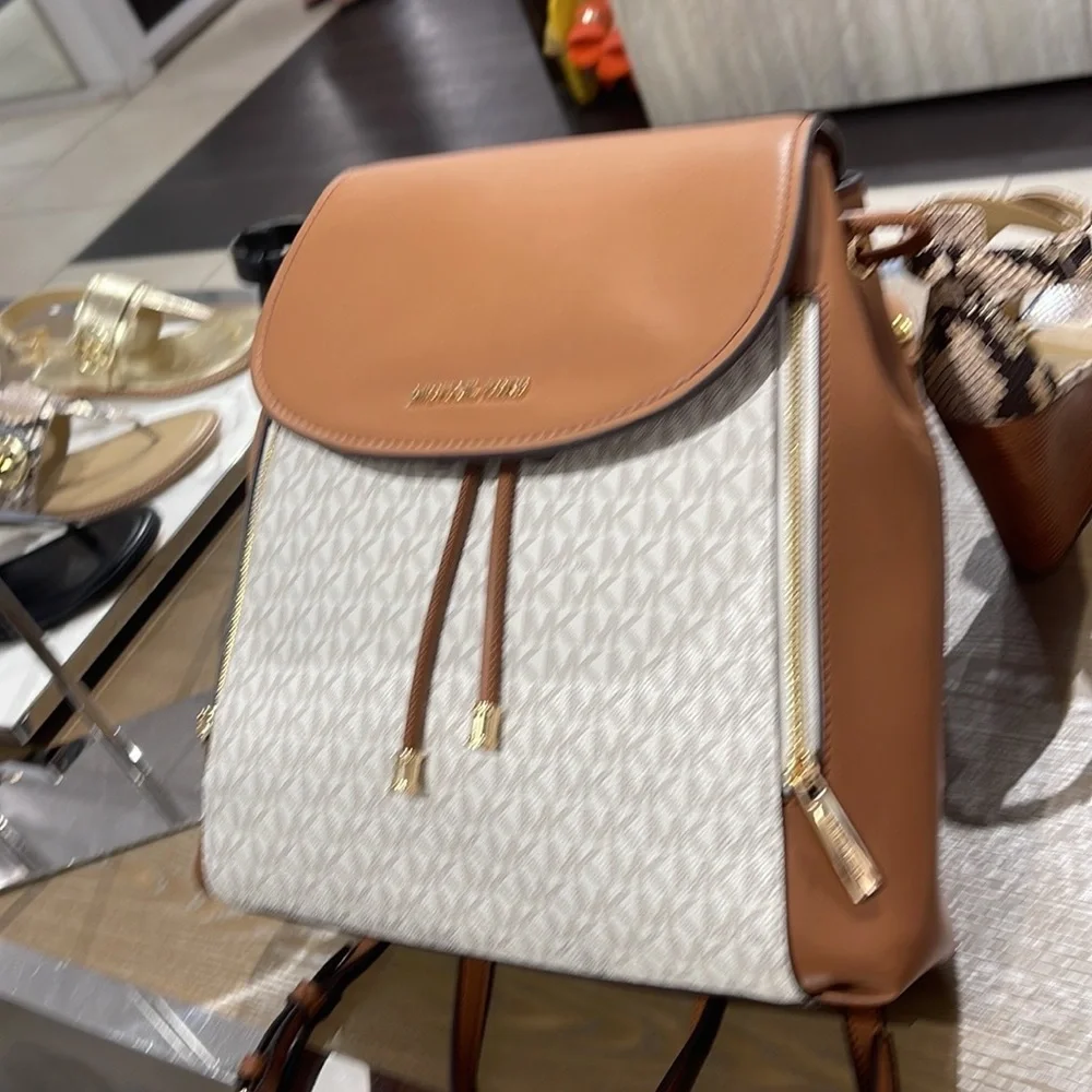 Michael Kors Phoebe 35F2G8PB2B Flap Drawstring Backpack Vanilla Signature